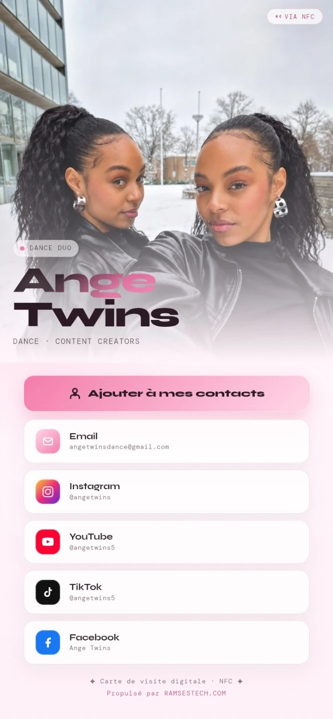 Exemple de carte digitale NFC pour Ange Twins, duo de danse