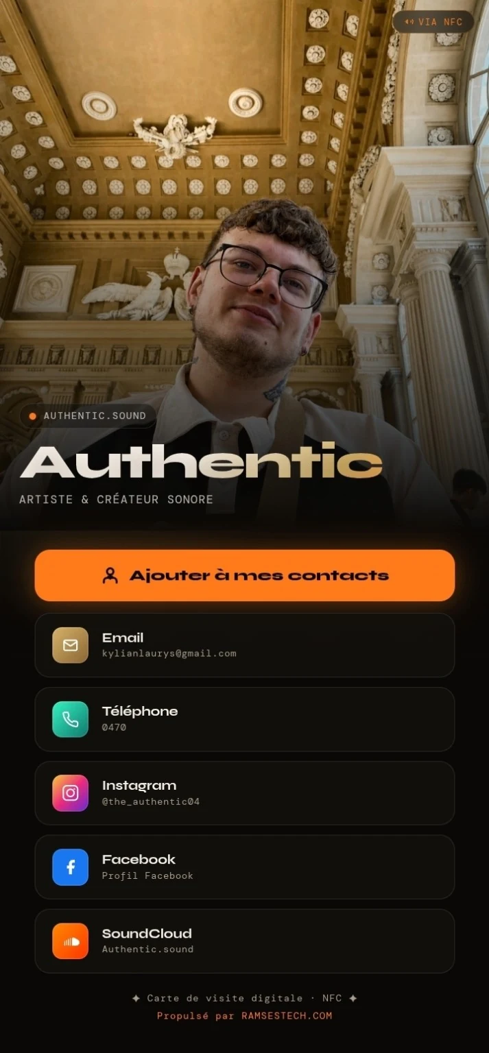 Exemple de carte digitale NFC pour Authentic, artiste et créateur sonore